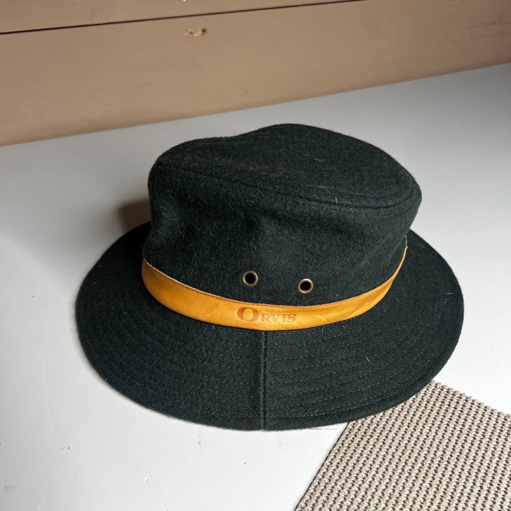 Orvis Wool Felt Bucket Hat Green Leather Band Made in USA Mens Large Fishing Hat